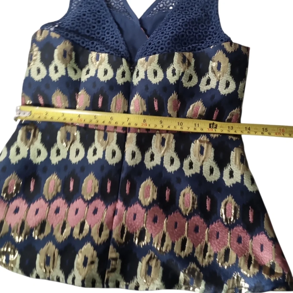 ANTHROPOLOGIE HD in Paris Navy and Gold Patterned Tank Top - Picture 6 of 7